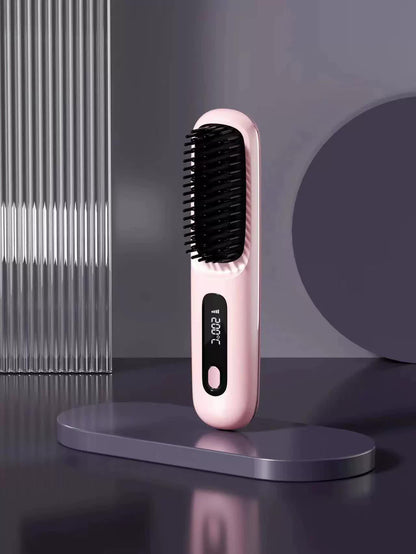 Pink Wireless Hair Straightening Brush - Compact and Rechargeable Styling Tool V888-ELOSUNG15548