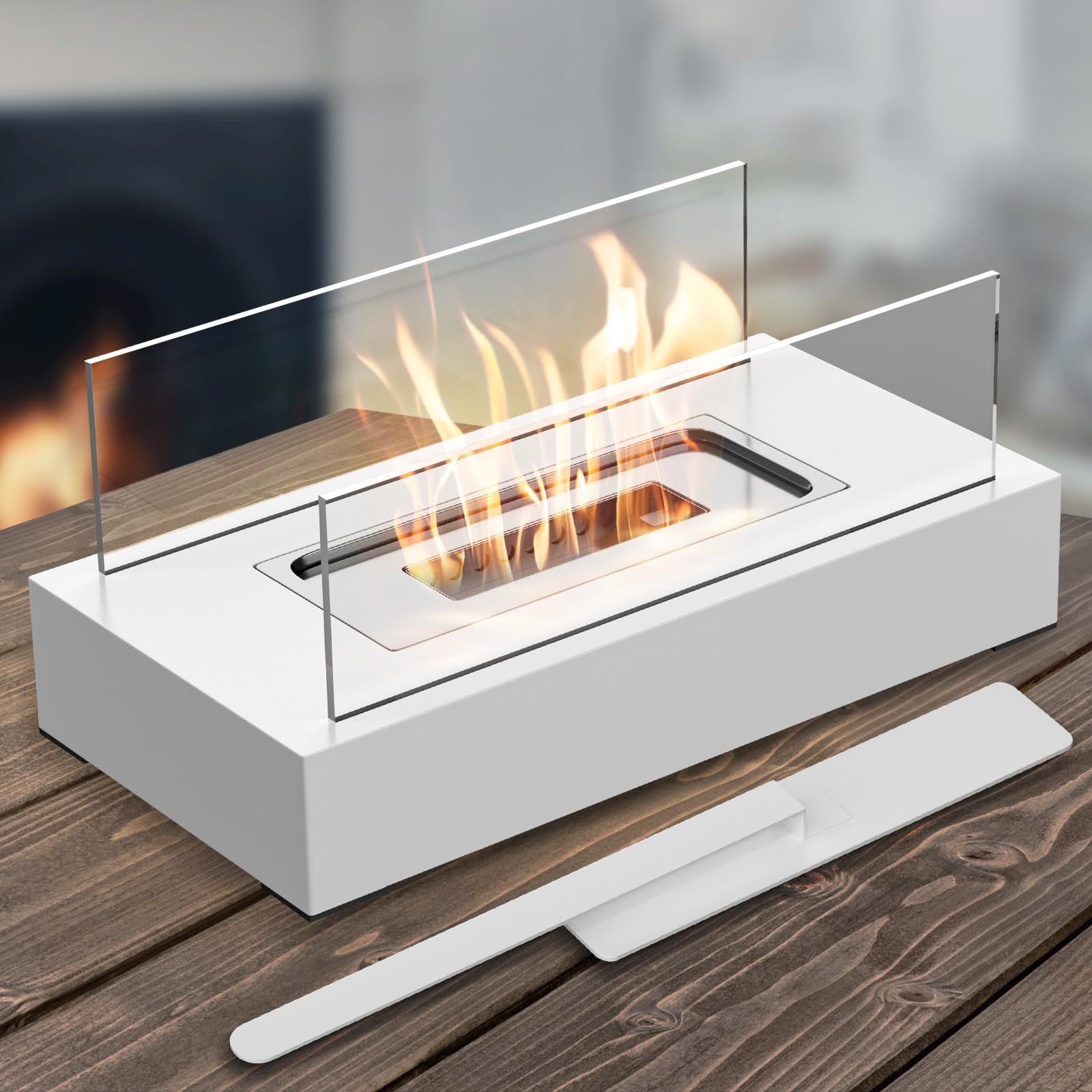 Not removable Portable Tabletop Bioethanol Fireplace - White Rectangular Design with Glass Shields V888-ELOSUNG15576