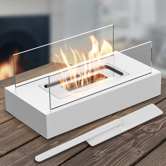 Not removable Portable Tabletop Bioethanol Fireplace - White Rectangular Design with Glass Shields V888-ELOSUNG15576