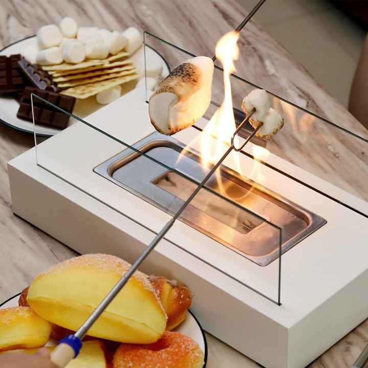 Not removable Portable Tabletop Bioethanol Fireplace - White Rectangular Design with Glass Shields V888-ELOSUNG15576