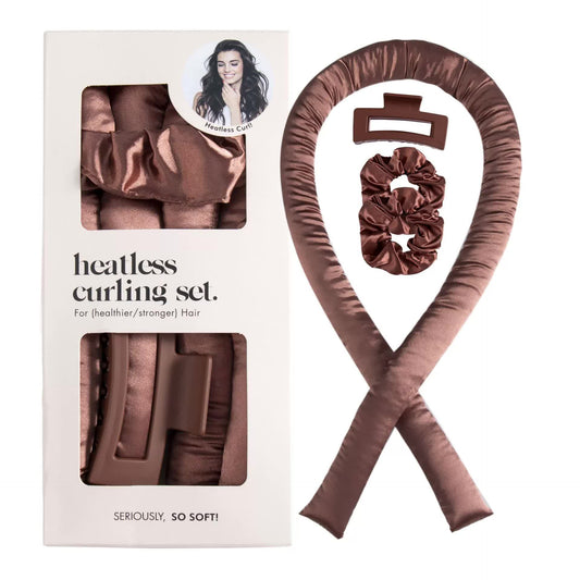 5PCS Brown Heatless Hair Curling Set with Scrunchie and Hair Clip - Silk Curling Ribbon V888-ELOSUNG15594