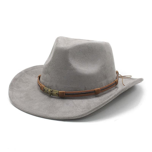 Gray Unisex Faux Suede Western Cowboy Hat - Wide Brim Vintage Fedora for Outdoor Travel,M(57-58cm) V888-ELOSUNG15782