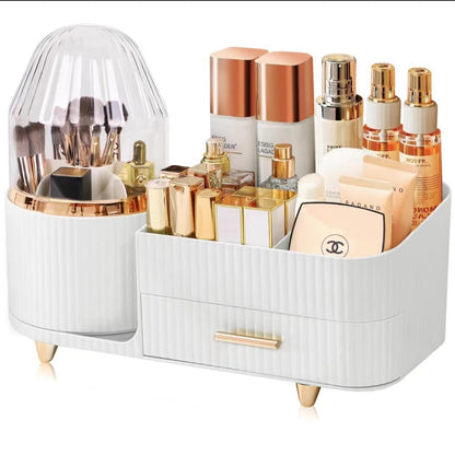 White Rotating Makeup Organizer Box - Multi-Compartment Cosmetic Storage with Dustproof Cover V888-ELOSUNG15834