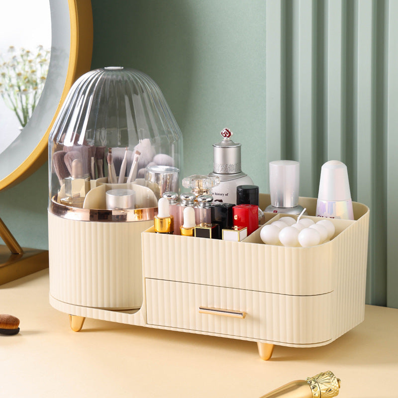 White Rotating Makeup Organizer Box - Multi-Compartment Cosmetic Storage with Dustproof Cover V888-ELOSUNG15834