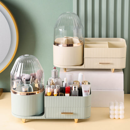White Rotating Makeup Organizer Box - Multi-Compartment Cosmetic Storage with Dustproof Cover V888-ELOSUNG15834