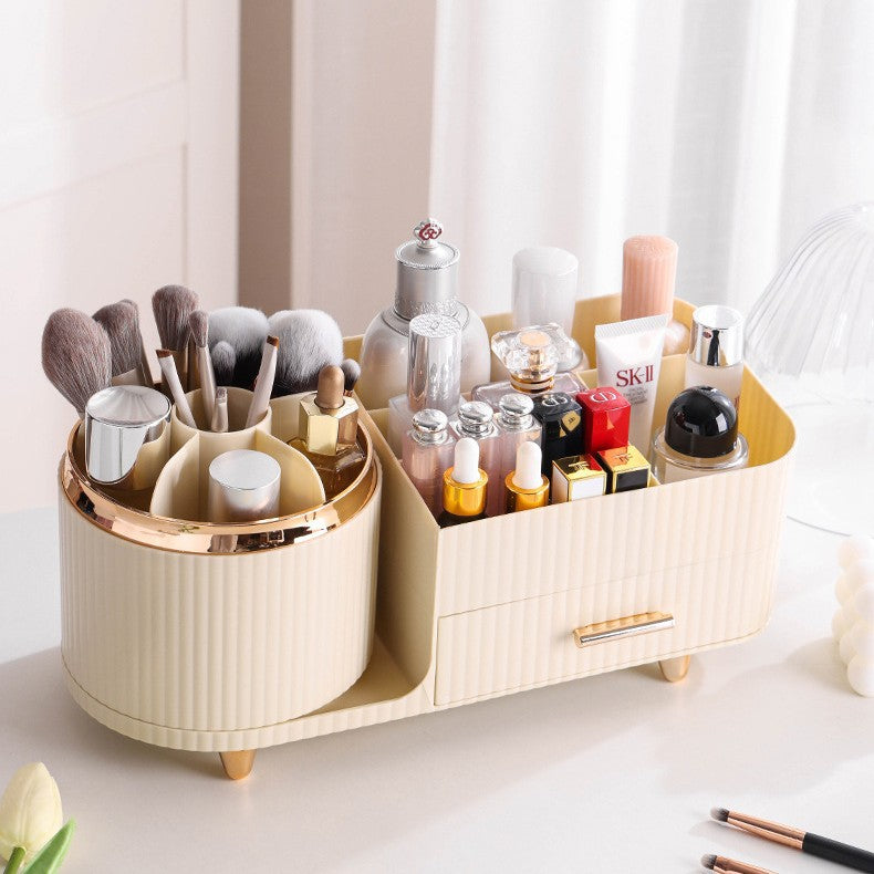 Cream Color Rotating Makeup Organizer Box - Multi-Compartment Cosmetic Storage V888-ELOSUNG15837