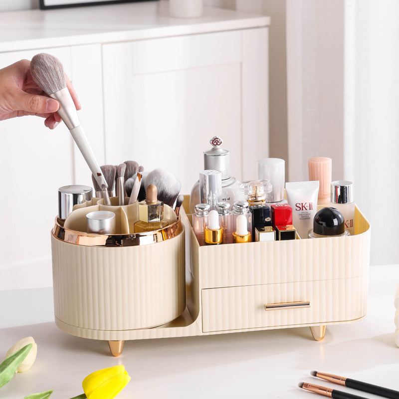 Cream Color Rotating Makeup Organizer Box - Multi-Compartment Cosmetic Storage V888-ELOSUNG15837