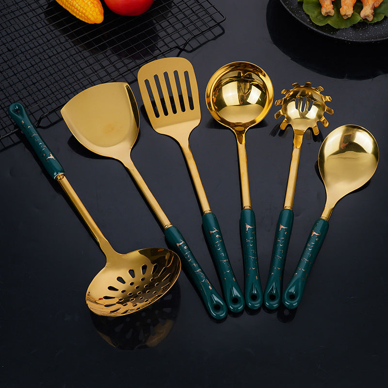 Dark Green Gold Stainless Steel Kitchen Utensil Set - 7-Piece Golden Cooking Tools with Stand V888-ELOSUNG15848