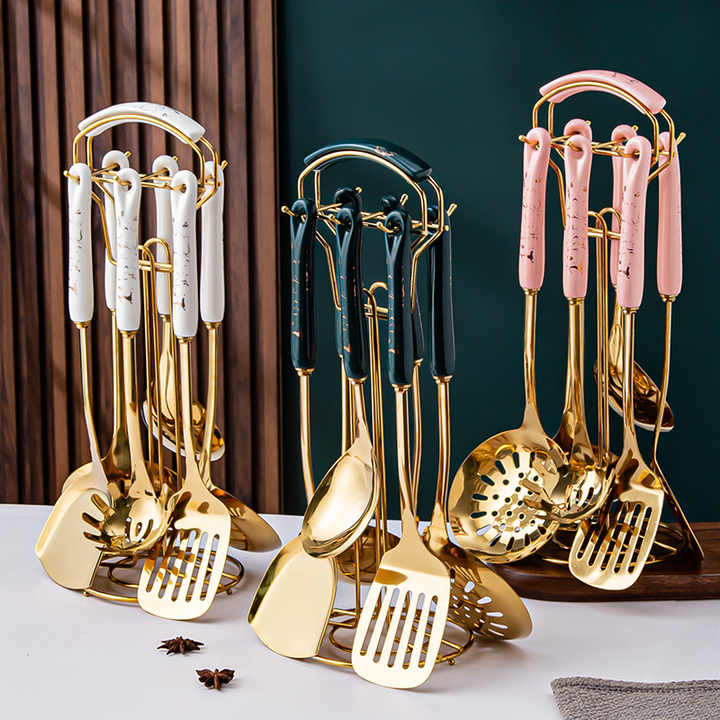 Black Gold Stainless Steel Kitchen Utensil Set - 7-Piece Golden Cooking Tools with Stand V888-ELOSUNG15849
