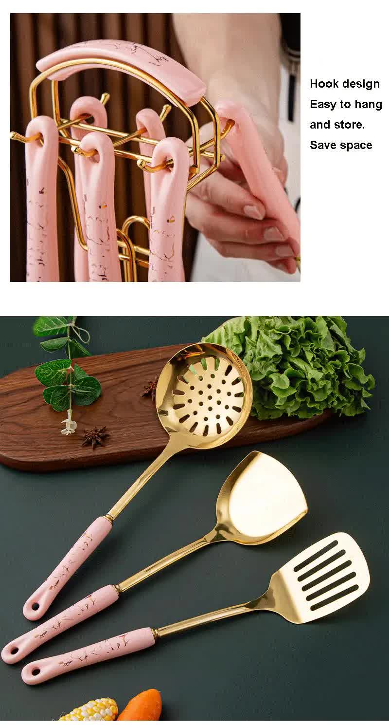 White Gold Stainless Steel Kitchen Utensil Set - 7-Piece Golden Cooking Tools with Stand V888-ELOSUNG15850
