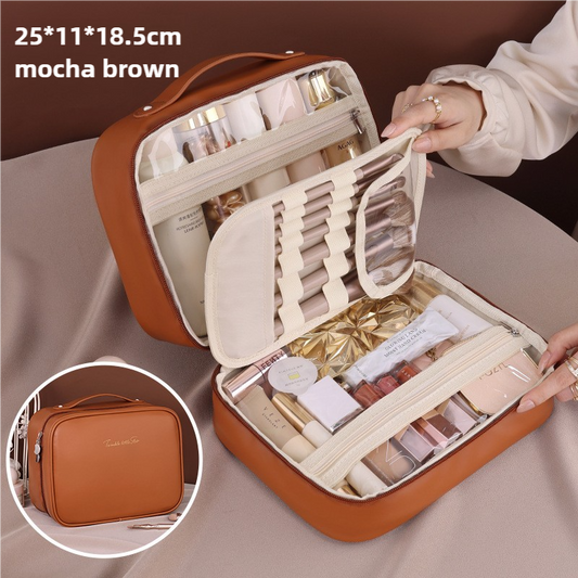 Brown Portable PU Leather Makeup Bag with Detachable Divider - Travel Cosmetic Organizer V888-ELOSUNG15868