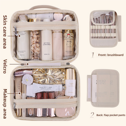 Brown Portable PU Leather Makeup Bag with Detachable Divider - Travel Cosmetic Organizer V888-ELOSUNG15868