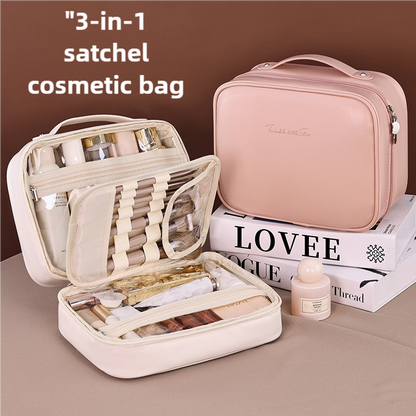 Brown Portable PU Leather Makeup Bag with Detachable Divider - Travel Cosmetic Organizer V888-ELOSUNG15868