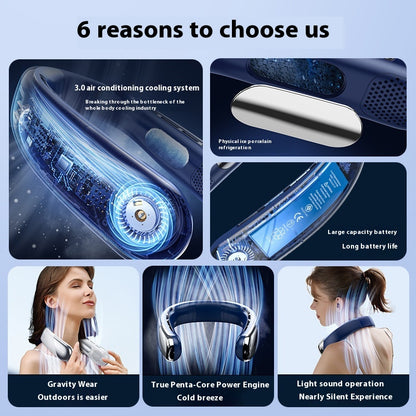 Digital Display Neck Fan - Rechargeable Portable Wearable Fan with Adjustable Speed- White 2400mAh V888-ELOSUNG15949