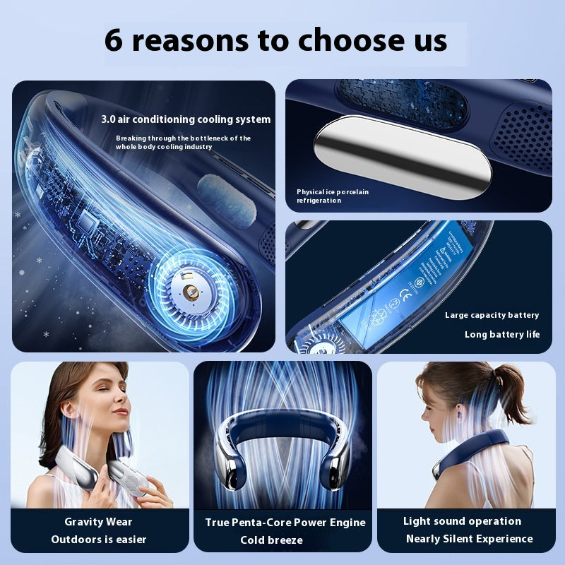 Digital Display Neck Fan - Rechargeable Portable Wearable Fan with Adjustable Speed- Blue 2400mAh V888-ELOSUNG15950
