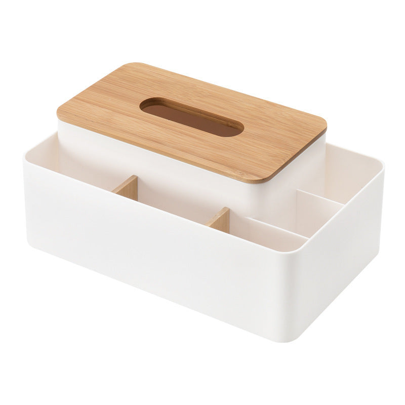 White Multifunctional Tissue Box Organizer - Bamboo Lid with Dividers for Desktop Storage V888-ELOSUNG15956