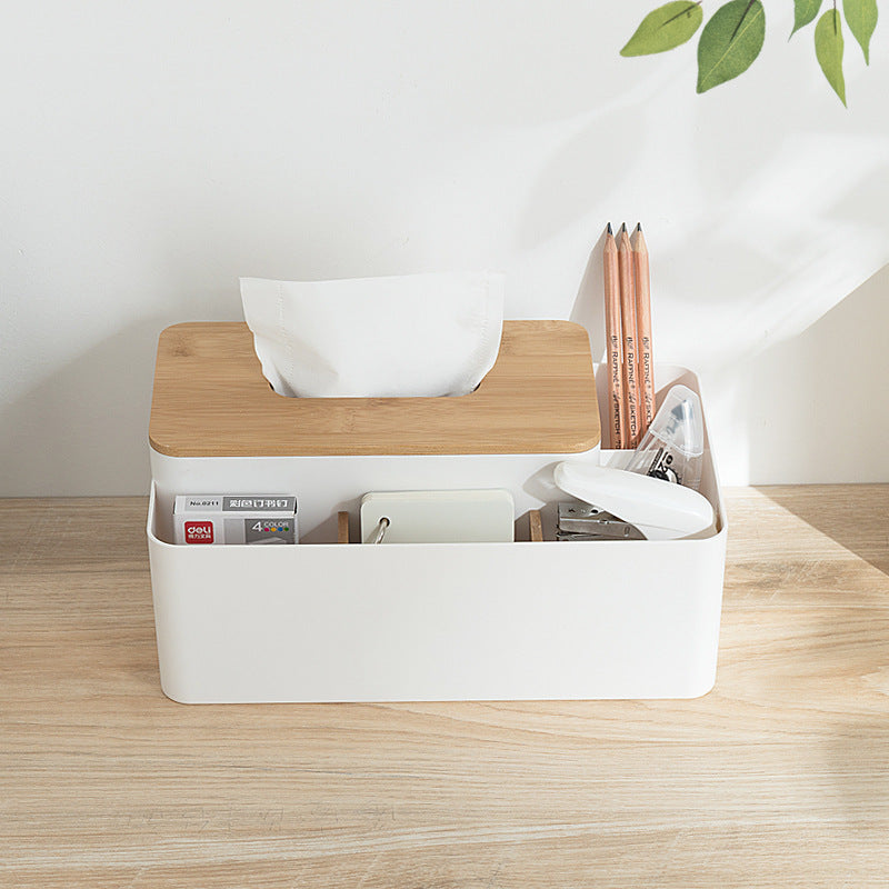 White Multifunctional Tissue Box Organizer - Bamboo Lid with Dividers for Desktop Storage V888-ELOSUNG15956