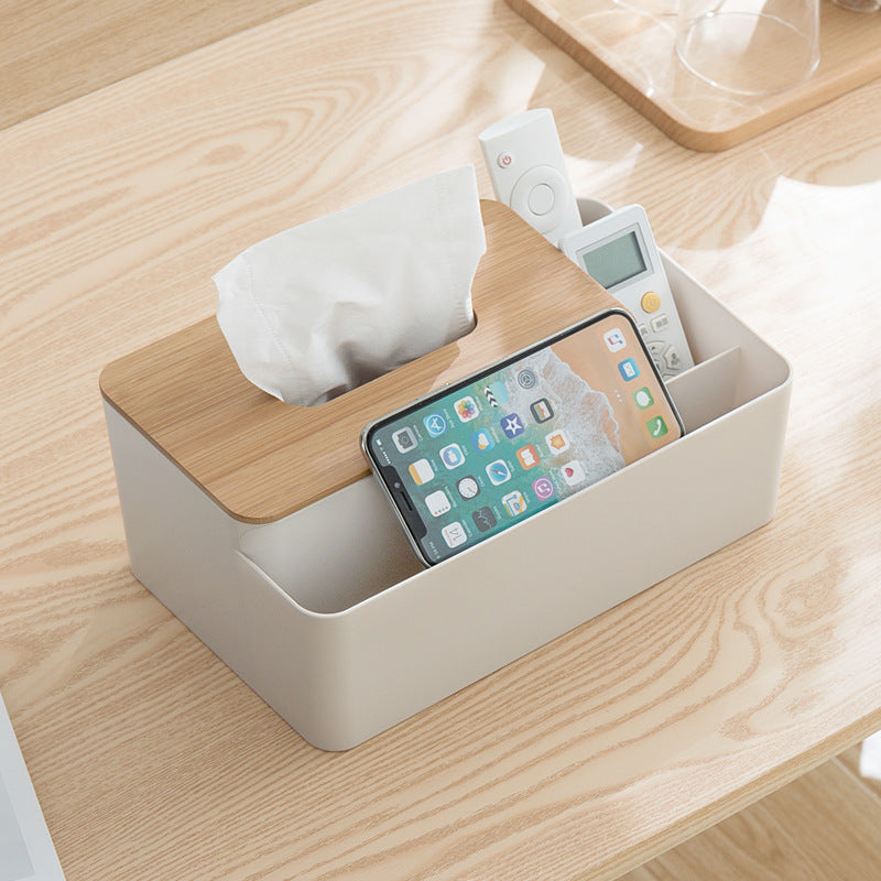 White Multifunctional Tissue Box Organizer - Bamboo Lid with Dividers for Desktop Storage V888-ELOSUNG15956