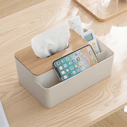 White Multifunctional Tissue Box Organizer - Bamboo Lid with Dividers for Desktop Storage V888-ELOSUNG15956