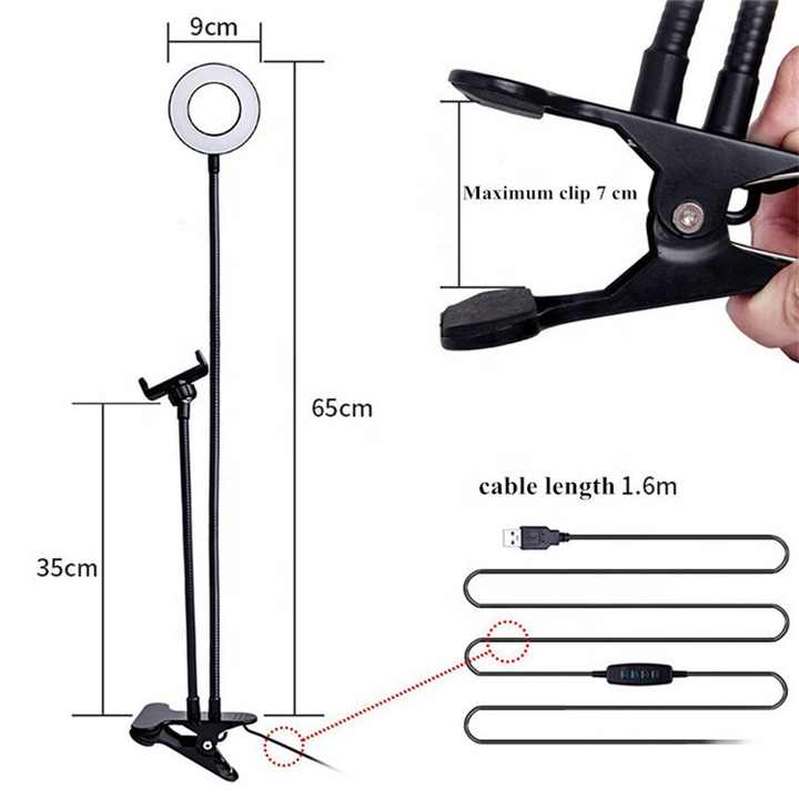 Flexible LED Ring Light with Phone Holder - Adjustable Brightness & Clip Base V888-ELOSUNG16057