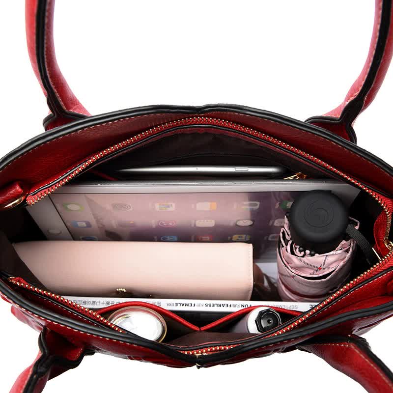 Red Elegant Embossed Rose Leather Handbag - Vintage Style Tote Bag V888-ELOSUNG16075