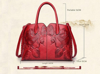 Red Elegant Embossed Rose Leather Handbag - Vintage Style Tote Bag V888-ELOSUNG16075