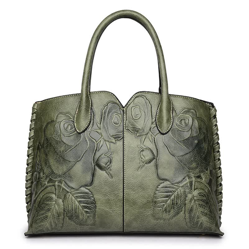 Green Elegant Embossed Rose Leather Handbag - Vintage Style Tote Bag V888-ELOSUNG16076