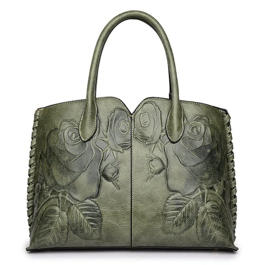 Green Elegant Embossed Rose Leather Handbag - Vintage Style Tote Bag V888-ELOSUNG16076