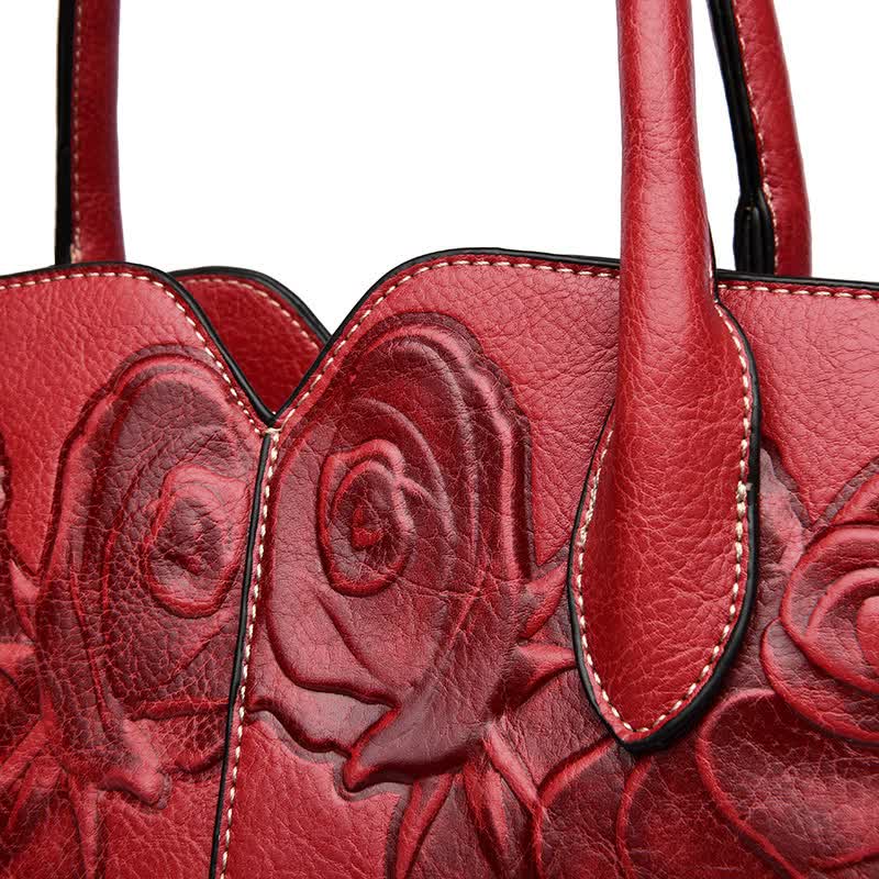 Green Elegant Embossed Rose Leather Handbag - Vintage Style Tote Bag V888-ELOSUNG16076