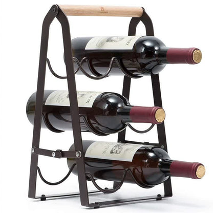 Folding Metal Wine Rack - Space-Saving 6-Bottle Storage Organizer with Wooden Handle V888-ELOSUNG16154
