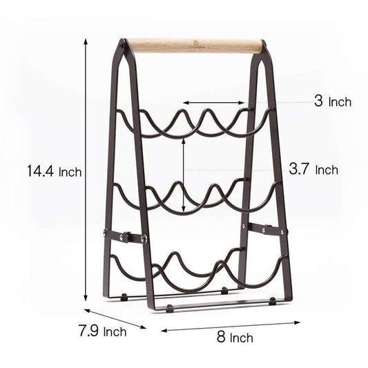 Folding Metal Wine Rack - Space-Saving 6-Bottle Storage Organizer with Wooden Handle V888-ELOSUNG16154