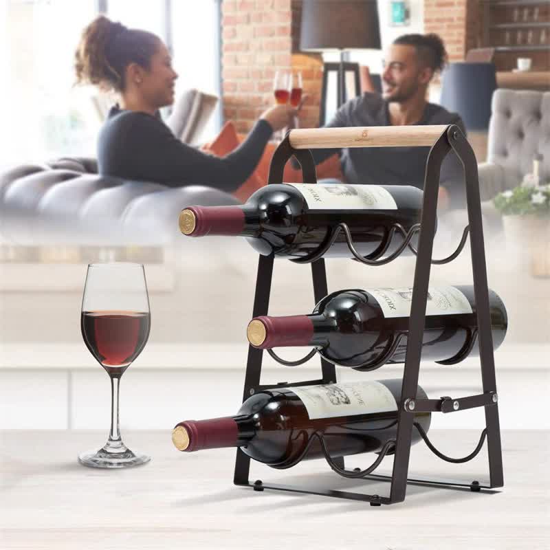 Folding Metal Wine Rack - Space-Saving 6-Bottle Storage Organizer with Wooden Handle V888-ELOSUNG16154