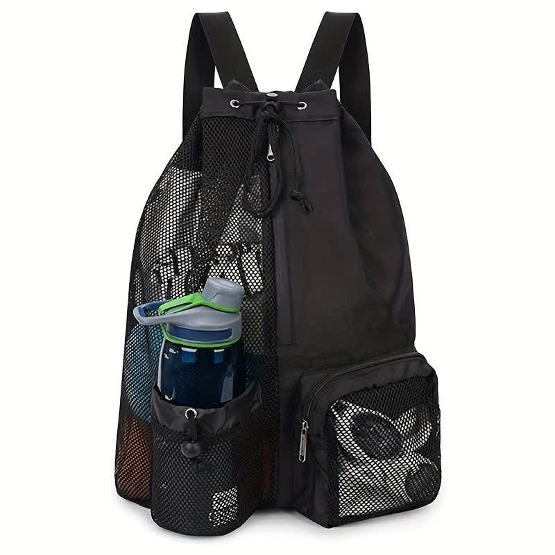 Black Mesh Drawstring Backpack - Lightweight Sports and Beach Bag with Pockets V888-ELOSUNG16220