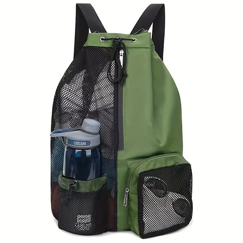 Green Mesh Drawstring Backpack - Lightweight Sports and Beach Bag with Pockets V888-ELOSUNG16221