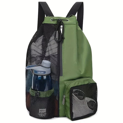 Green Mesh Drawstring Backpack - Lightweight Sports and Beach Bag with Pockets V888-ELOSUNG16221