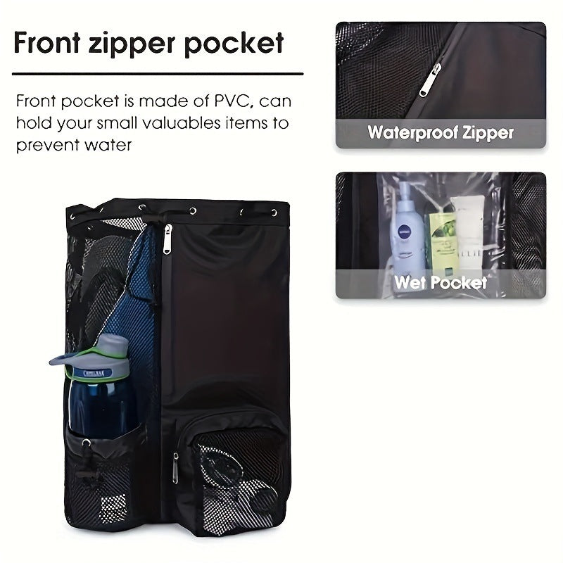 Green Mesh Drawstring Backpack - Lightweight Sports and Beach Bag with Pockets V888-ELOSUNG16221