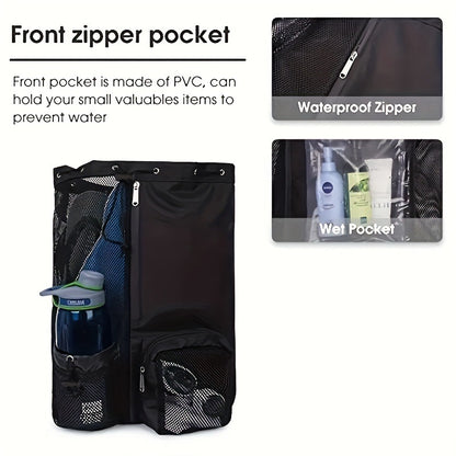 Green Mesh Drawstring Backpack - Lightweight Sports and Beach Bag with Pockets V888-ELOSUNG16221