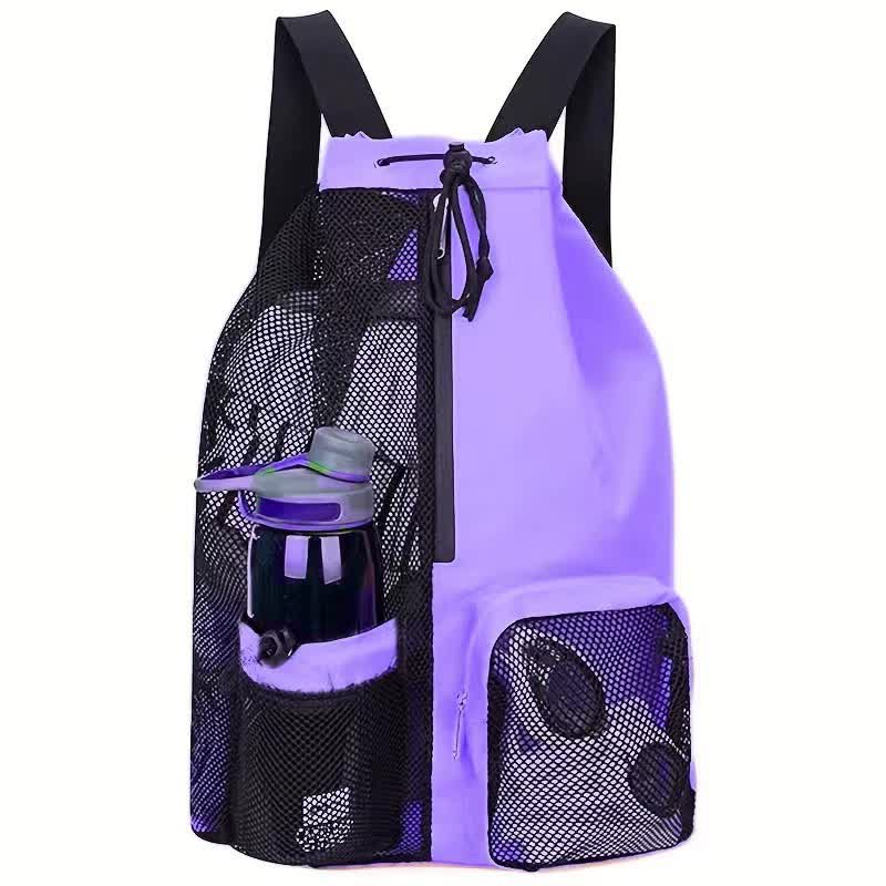 Purple Mesh Drawstring Backpack - Lightweight Sports and Beach Bag with Pockets V888-ELOSUNG16226