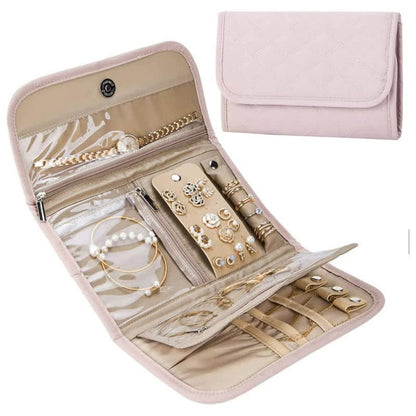 Pink Travel Jewelry Organizer - Compact Roll-Up Storage Bag with Multiple Compartments V888-ELOSUNG16234