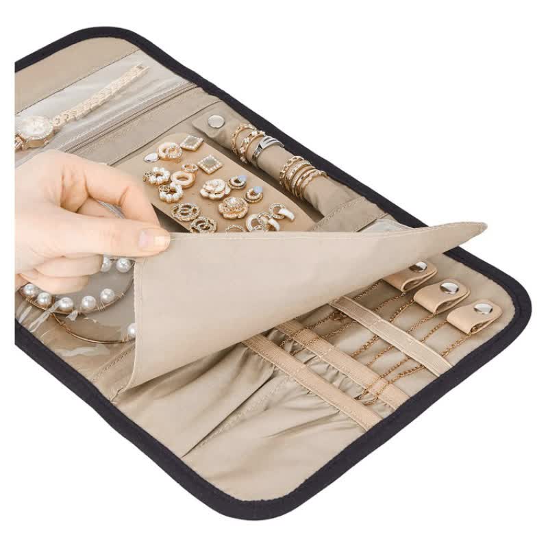Pink Travel Jewelry Organizer - Compact Roll-Up Storage Bag with Multiple Compartments V888-ELOSUNG16234