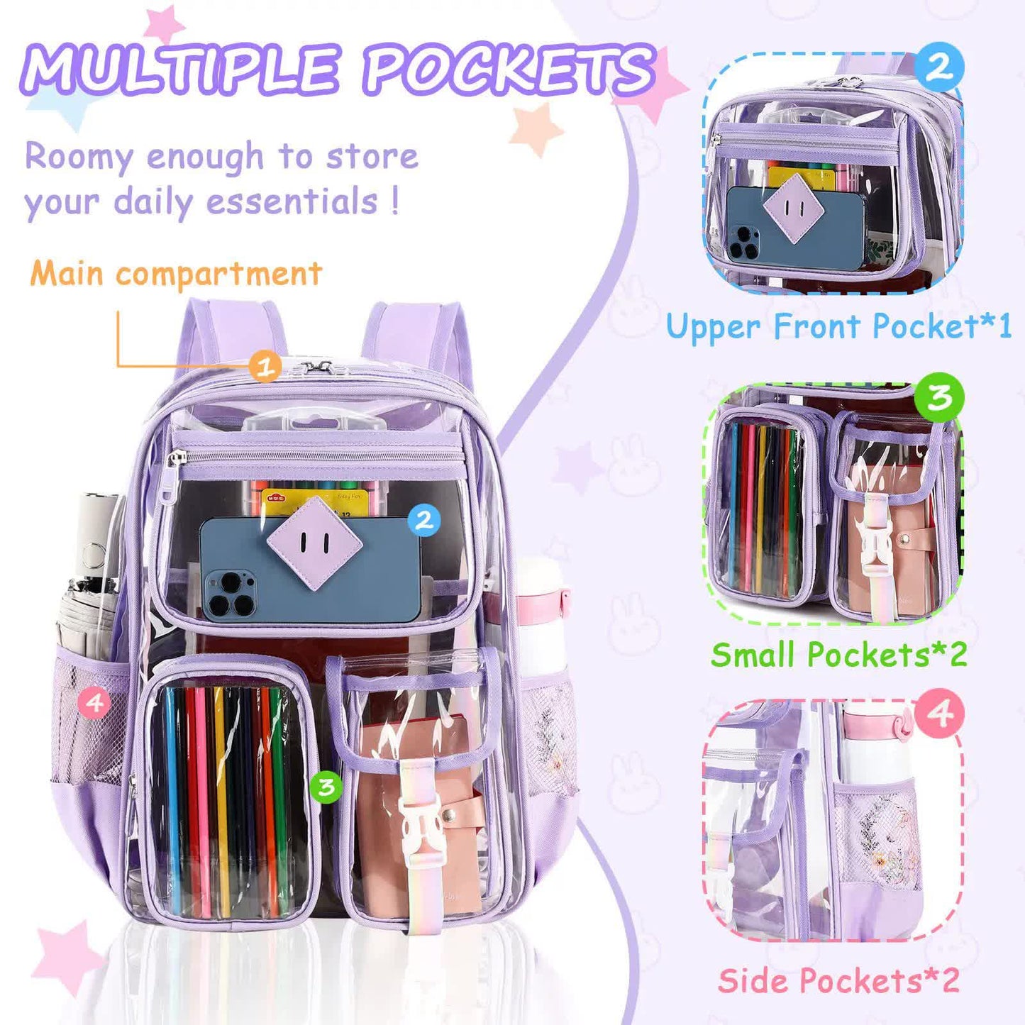 Black Clear Transparent Backpack - Stylish PVC School Bag with Multiple Pockets V888-ELOSUNG16248