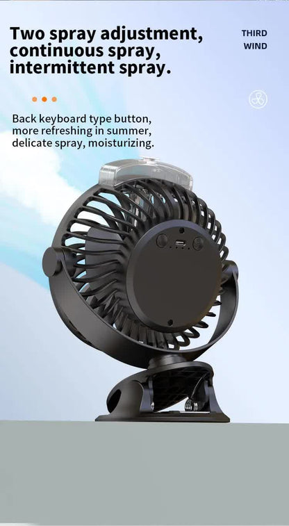 Black Portable Clip-On Mist Fan - Rechargeable Cooling Fan with Adjustable Spray Modes V888-ELOSUNG16254