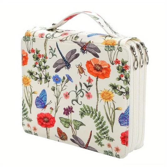 White Floral Design Portable Zippered Pencil Case - 3-Layer Large Capacity Organizer for Stationery & Art V888-ELOSUNG16287