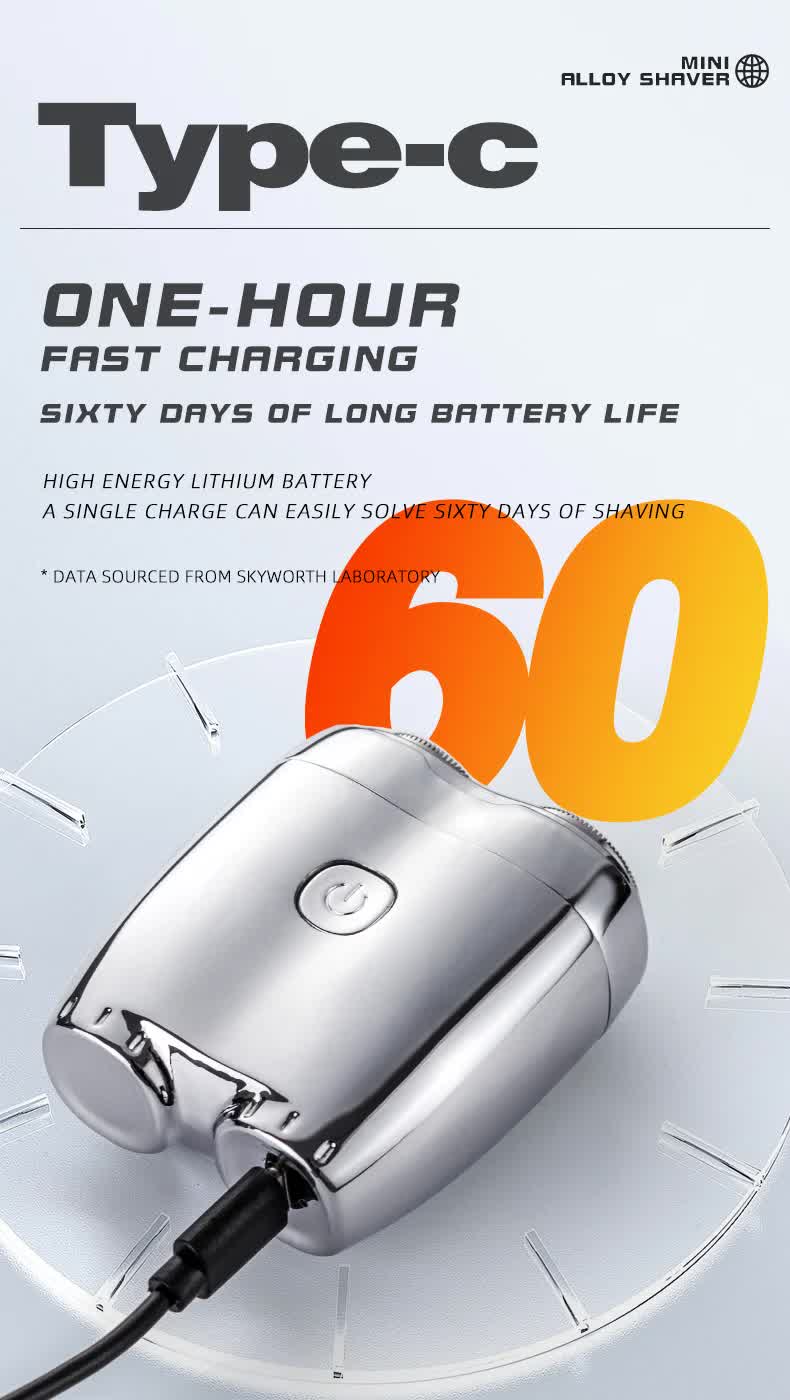 Silver Portable Twin-Head Electric Shaver - Compact Rechargeable Razor for Men V888-ELOSUNG16332
