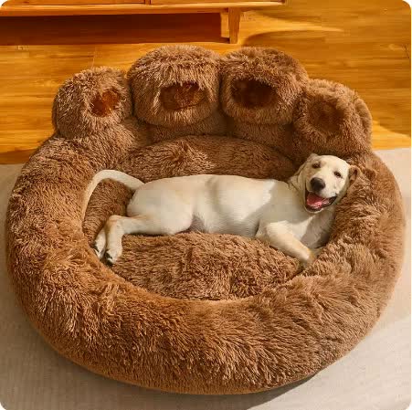 Diameter 90cm Brown Plush Dog Bed with Paw Design - Ultra Soft Round Pet Sofa for Medium to Large Dogs V888-ELOSUNG16334