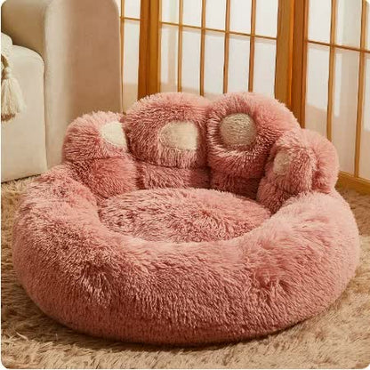 Diameter 90cm Pink Plush Dog Bed with Paw Design - Ultra Soft Round Pet Sofa for Medium to Large Dogs V888-ELOSUNG16336