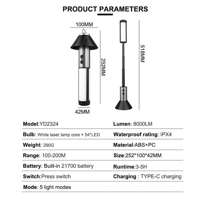 Multifunctional Telescopic Camping Lantern - Portable LED Light with Adjustable Height and USB-C Charging (Up V888-ELOSUNG16338
