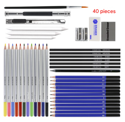 Light Blue 40-Piece Drawing Pencil Set, Professional Art Kit in Convenient Storage Case V888-ELOSUNG16553