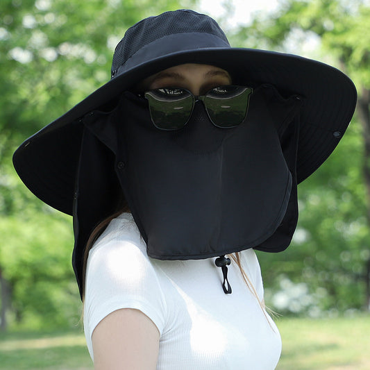 Black Wide Brim Sun Protection Hat with Face Shield - Adjustable for Ultimate UV Protection V888-ELOSUNG16593