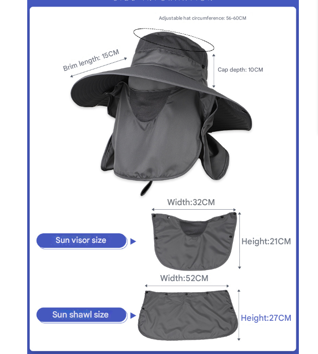 Black Wide Brim Sun Protection Hat with Face Shield - Adjustable for Ultimate UV Protection V888-ELOSUNG16593